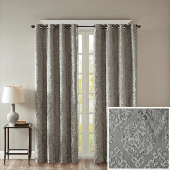 Charcoal Grey Knitted Jacquard TOTAL BLACKOUT Grommet Top Curtain Panel(1) - Picture 3 of 10